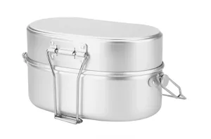 Détail de gamelle militaire en aluminium style allemand, boîte à lunch de camping avec poignées.