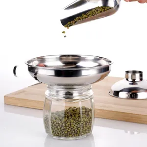 Stainless steel funnel set with handle, multi-functional kitchen tool for oil and food filtering.
