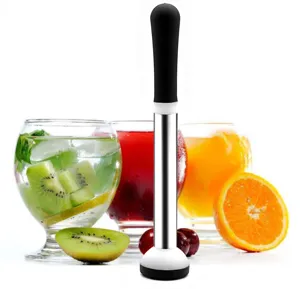 Stainless steel cocktail muddler detail view, ideal for crushing ice, mint, and fresh fruit.