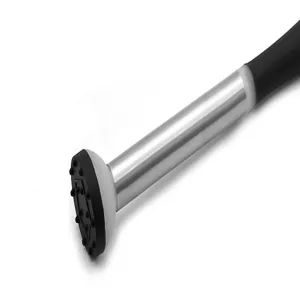 Stainless steel cocktail muddler detail view, professional bar tool for ice crushing and fruit mashing.