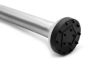 Stainless steel cocktail muddler with durable black textured rubber head for bar use.