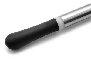 Stainless steel cocktail muddler detail view, black rubber handle for comfortable grip.