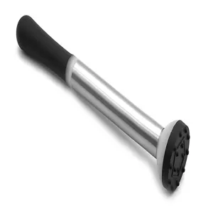 Stainless steel cocktail muddler with ergonomic black handle for bar and home use.