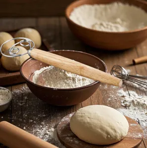 Fouet à pâte danois en acier inoxydable avec manche en bois pour pâtisserie et boulangerie.