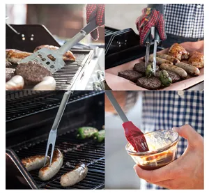 Stainless steel BBQ grill tools set with spatula tongs fork and brush for outdoor camping.