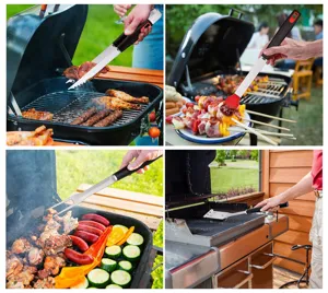 Stainless steel BBQ grill tool set, includes tongs, brush, fork, and cleaning brush for camping.