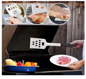 Stainless steel BBQ spatula with bottle opener and knife edge for outdoor grilling cooking.
