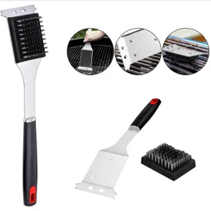 Stainless steel BBQ grill cleaning brush scraper, detachable head for outdoor cooking.
