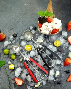 Stainless steel ice cream scoop cookie dough scoop trigger release kitchen tool for dessert.