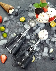 Stainless steel ice cream scoop with trigger and comfortable black handle for cookie dough kitchen tool