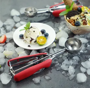 Stainless steel ice cream scoop with red handle for kitchen baking and dessert making