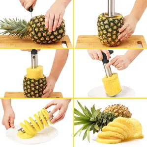 Stainless steel pineapple corer and slicer tool for easy fruit peeling and core removal.