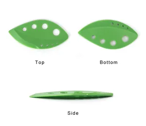 Herb stripper detail view showing multi-hole green leaf design for kitchen vegetable preparation.