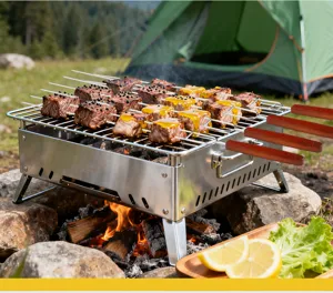Stainless steel portable BBQ grill detail view featuring wooden handle skewers in outdoor camping.