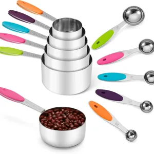 Stainless steel measuring cups and spoons set with colorful silicone handles for kitchen baking