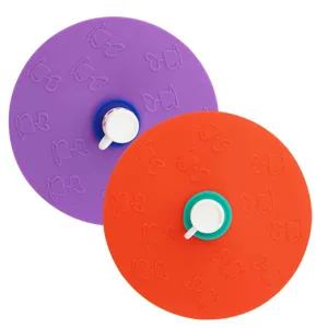 Universal silicone cup lid set in purple and orange with cute embossed design for daily mugs.