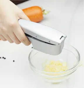 Close-up detail shot of a silver alloy garlic press in action, mincing fresh garlic.