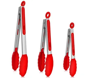 Stainless steel silicone food tongs set, red handle kitchen barbecue baking tools detail view.