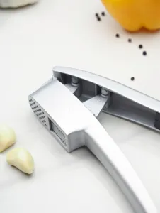 Detail shot of a silver alloy garlic press, showing the internal hinge and pressing mechanism.
