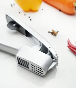 Detailed shot of silver alloy garlic press, essential kitchen tool for fast and easy cooking.