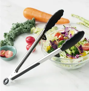 Stainless steel kitchen tongs with non-slip silicone tips for grilling, salad, and baking use.