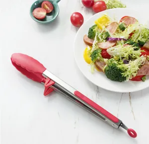 Edelstahl Silikon Küchenzange für Grill, Salat, Brot und Kochen mit rotem rutschfesten Griff.