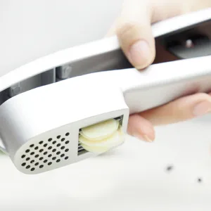 Silver alloy 2-in-1 garlic press and slicer kitchen tool main product display view