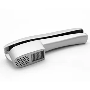 2-in-1 alloy garlic press and slicer tool, durable kitchen gadget in silver finish.
