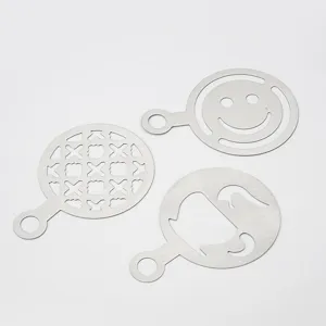 Stainless steel coffee latte art stencils set with handle, precision cut flower molds for dusting.
