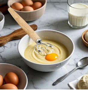 Fouet à pâte danois en acier inoxydable avec manche en bois, idéal pour la cuisson et la pâtisserie.