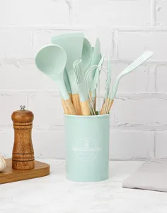 Silicone kitchen utensil set with wooden handles and matching holder for non-stick cookware