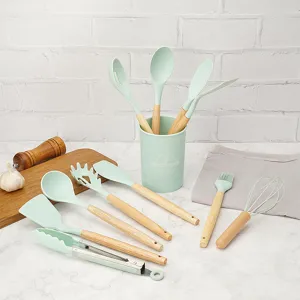 Silicone kitchen utensils set with wooden handle and storage holder for non-stick cookware 12pcs