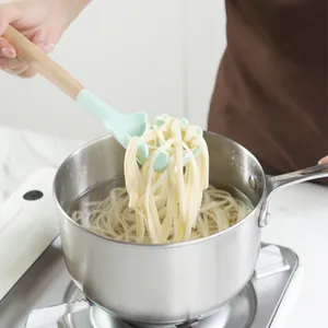 Silicone pasta server with wooden handle kitchen utensil for cooking and serving noodles