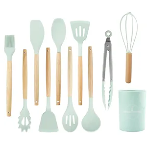 Silicone kitchen utensils set 12-piece with wooden handles and holder green color