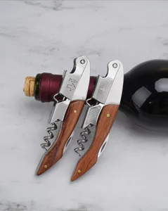Detailed view of the wooden handle wine corkscrew multi-functional stainless steel bottle opener.