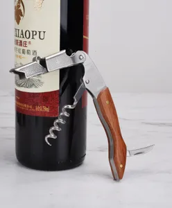 Stainless steel and wooden handle wine bottle opener, multi-functional corkscrew detail shot.