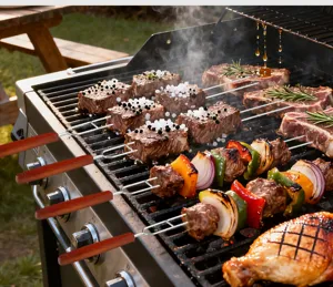 Stainless steel BBQ skewer with wooden handle, dual prong U-shaped grill fork tool for meat
