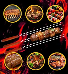Stainless steel BBQ skewers with wooden handles, dual prong U-shaped grilling forks for meat.