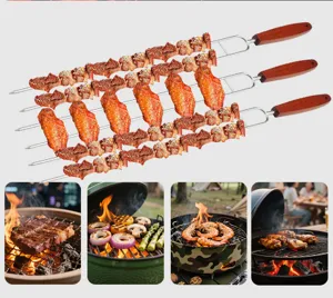 Stainless steel barbecue skewers with wooden handles, ideal for meat and chicken wings.