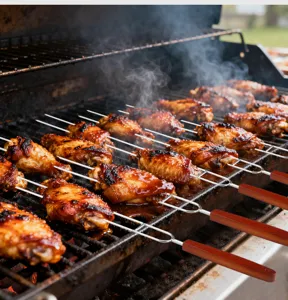 Stainless steel BBQ skewers with wooden handles, U-shaped forks for grilling chicken wings and meat.