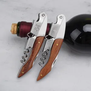 Wooden handle wine bottle opener multi-functional corkscrew portable stainless steel tool