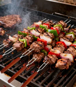 Stainless steel BBQ skewers with wooden handle, U-shaped grill forks for meat and vegetables.