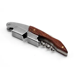 Wooden handle stainless steel waiter corkscrew wine bottle opener tool with wooden grip.