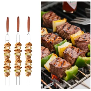 Stainless steel U-shaped BBQ skewers with wooden handle for outdoor grilling meat and vegetables