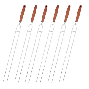 Stainless steel barbecue skewers with wooden handles, perfect for outdoor camping and family BBQ parties.