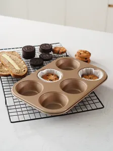 Large 6-cup muffin baking pan non-stick champagne gold cake mold detail view for oven baking.