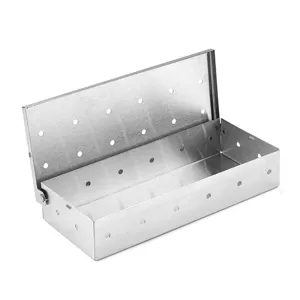 Stainless steel smoker box with perforated lid for BBQ, wood chips, and gas grills.