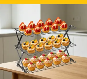 3-Tier Foldable Wire Cooling Rack Metal Mesh Baking Storage Shelf for Pastry Cake