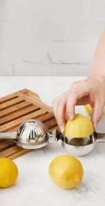 Dettaglio spremiagrumi manuale in acciaio inox, che mostra la fessura di pressatura doppia.