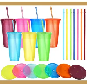 24oz glitter straw tumbler set colorful plastic cold drink cups with lids and reusable straws